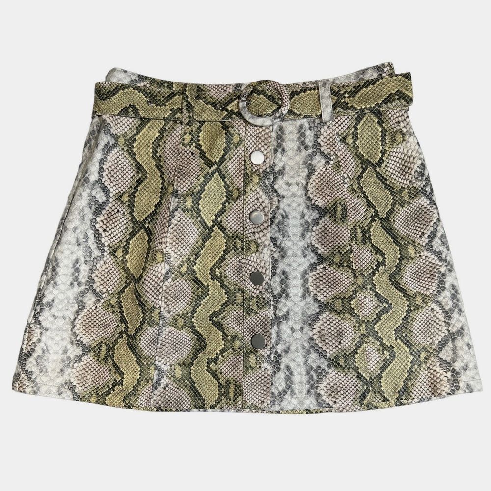 Pleather Mini Skirt‎ Snakeskin Look Le Lis Button Front Belted Green Size Small